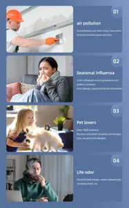 Guide visuel montrant quatre problèmes courants de qualité de l'air intérieur pour purificateur