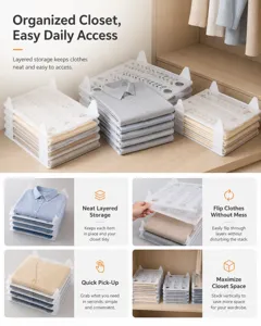 Feature collage of stackable white closet organizers for neat clothing storage