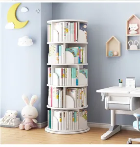 Detail view of a 5-tier white rotating bookshelf for children with high capacity storage