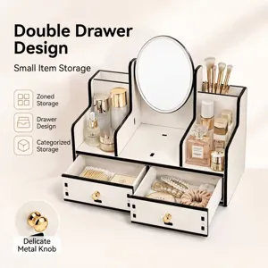Organizador de maquillaje blanco con dos cajones y espejo de mesa ovalado grande