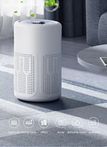 Purificateur d'air blanc portable dans un salon moderne avec icônes d'utilisation