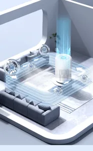 Démonstration du flux d'air et de la purification dans un salon de style moderne