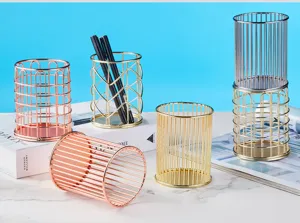 Nordic style metal wire pen holders in gold and rose gold for desk organization