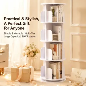 White 360-degree rotating multi-tier floor bookshelf for efficient home book storage