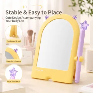 Cute desktop makeup mirror with yellow frame and purple star wand for students