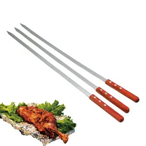 Edelstahl Grillspieße Holzgriff Lang Flach Barbecue Spieß Wiederverwendbare Metall Kabob Spieße Für Outdoor Grillen Camping