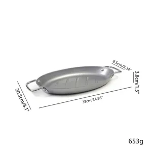 Technical drawing showing dimensions of the silver non-stick oval BBQ roasting pan