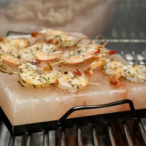 Himalaya-Salzstein mit schwarzem Emaille-Halter zum Grillen von Garnelen im Freien.