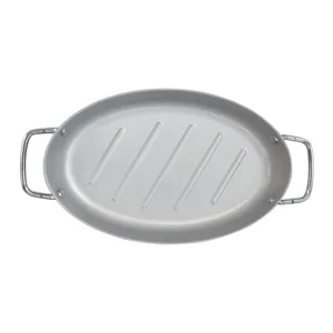 Overhead view of a silver oval non-stick grill pan with steel handles for BBQ cooking