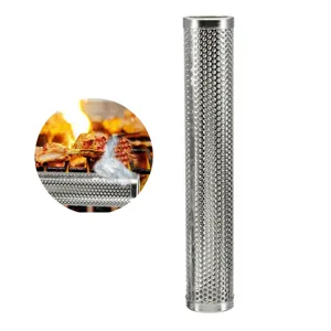 Macro detail of a durable 12-inch stainless steel pellet smoker tube for BBQ grills