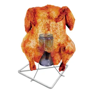 Foldable stainless steel chicken roaster rack holding a whole roast chicken with a beer can