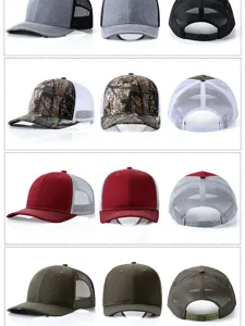 Detalle de gorras trucker de rejilla en cuatro colores con vistas frontal lateral y trasera
