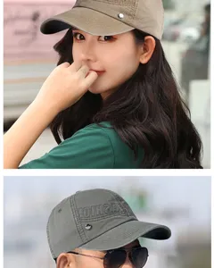 Close-up detail of washed cotton baseball cap with embroidered letters for men and women