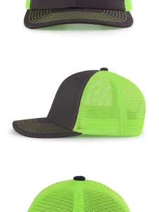 Primer plano de la malla verde neón y la tela gris oscuro de una gorra trucker transpirable.