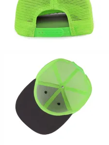 Vista detallada de la gorra trucker de malla verde neón transpirable con visera negra