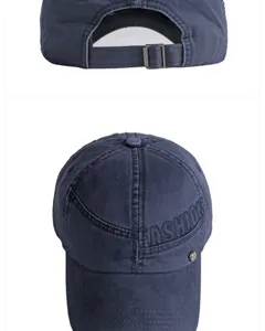 Detailed views of a navy blue washed cotton baseball cap featuring FASHION embroidery