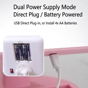 Portable LED makeup mirror with dual power supply modes: USB plug-in and AA batteries.