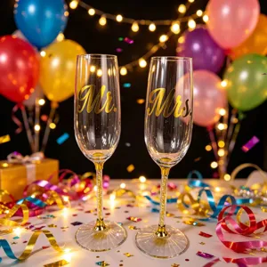 Elegant Mr and Mrs champagne flutes with gold glitter stems in festive party setting