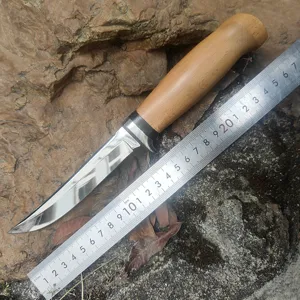 Cuchillo de supervivencia con mango de madera y hoja pulida a espejo con una regla
