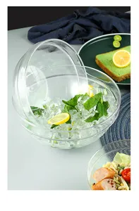 Detailed close-up of a transparent acrylic salad bowl filled with ice and fresh mint leaves.