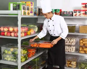 Chef tenant un bac de stockage en PC transparent de qualité alimentaire avec carottes