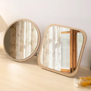 Par de espejos de maquillaje de mesa redondos y cuadrados de madera para tocador de hogar.