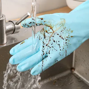 Gants de nettoyage imperméables bleu clair durables pour cuisine rincés sous l'eau