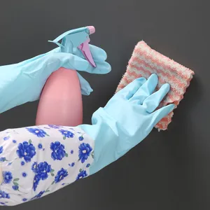 Gants de ménage longs en PVC imperméables avec manches à fleurs bleues pour le nettoyage