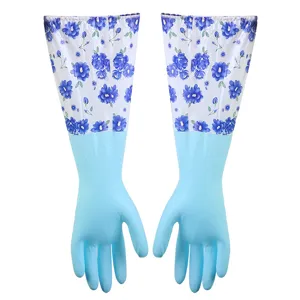 Gants de cuisine en PVC imperméables avec manches florales extra-longues et poignets élastiques
