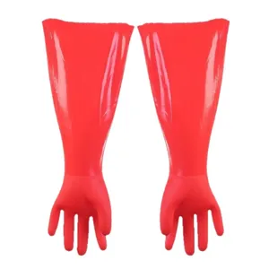 Guantes largos de goma roja con forro de felpa para lavado de platos impermeable