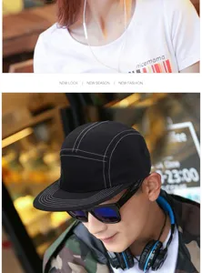 Stylish close-up of a black five-panel camper hat with white contrast stitching for men