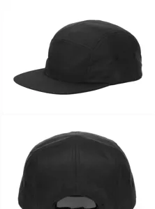 Detailed views of a black 5-panel flat brim camper cap from front and back