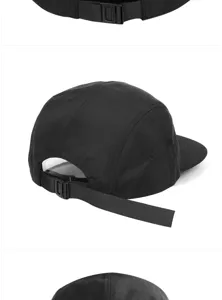 Detailed view of a black five-panel skate hat showing the adjustable back strap.