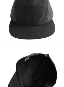 Detailed views of black five-panel flat brim skateboard cap showing interior and exterior