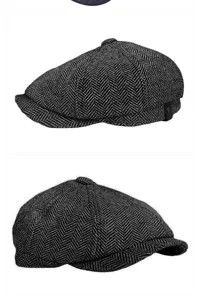 Vista dettagliata del berretto newsboy retrò britannico in cotone grigio a spina di pesce