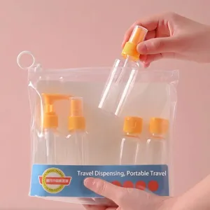 Complete travel dispensing bottle set with spray and pump bottles in a clear pouch.