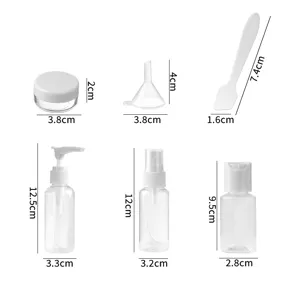 Clear travel size bottle set with dimensions for skincare and cosmetics