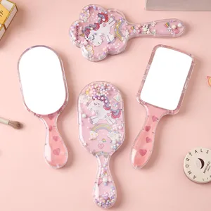Espejo de Maquillaje de Mano de Dibujos Animados Arena Movediza Unicornio Flamenco Estampado Espejo de Mano Portátil para Mujeres Niñas Espejo de Tocador Lindo para Estudiantes