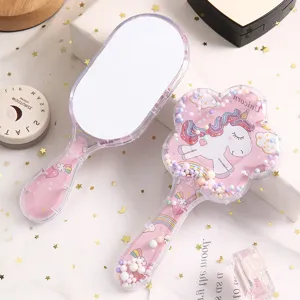 Espejo de mano con estampado de unicornio y arena movediza rosa para niñas