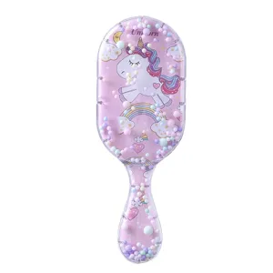 Lindo cepillo para el cabello de unicornio rosa con diseño de arena líquida y cuentas