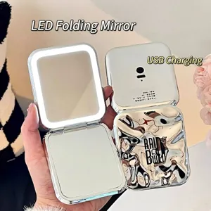 Miroir de Maquillage LED Portable Argent Électroplaqué Pliable Double Face Miroir de Poche Mini Miroir Cosmétique