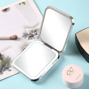 Miroir de maquillage pliable LED portable haut de gamme avec éclairage double face argent