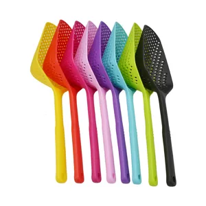 Set of colorful plastic colander scoop spoons for kitchen use in eight vibrant colors.