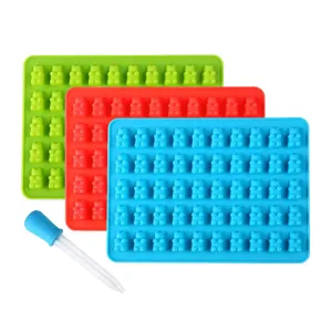 50-Loch Bär Silikonform in 3 Farben mit Pipette für DIY Pralinen und Süßigkeiten