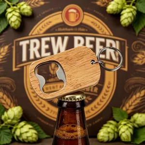 Close-up of oak wood and stainless steel bottle opener keychain on beer bottle