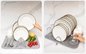 Vista detallada del tapete escurridor plegable con rejilla para platos gris