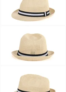 Beige breathable straw fedora hat with striped band for summer beach sun protection