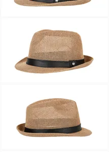 Detail view showing different angles of the breathable straw jazz hat with leather band
