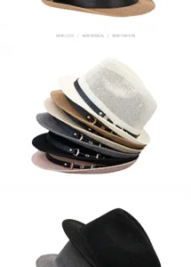 Detail showing multiple colors of breathable summer straw fedoras with leather bands