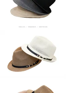 Detailed view of summer woven straw jazz hats with black decorative buckled bands